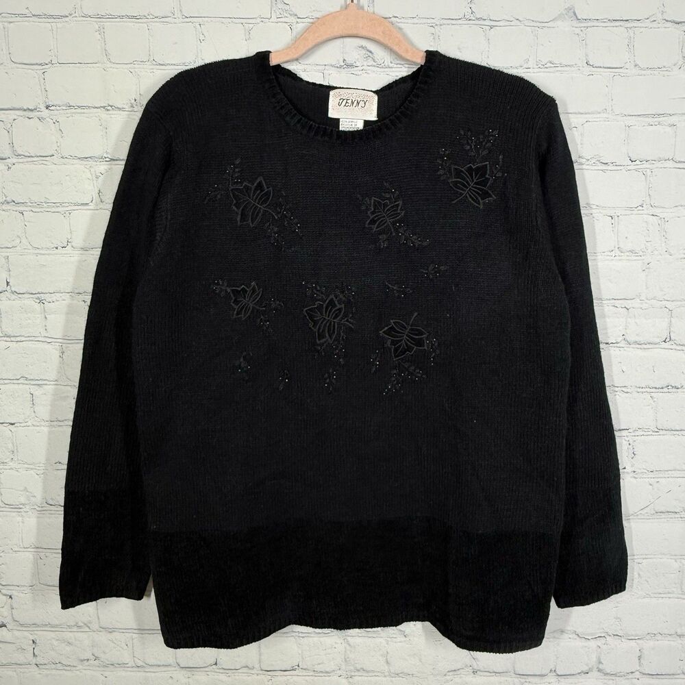 Vintage Jenny Sweater Women Medium Black Floral Embroidery Cottage Minimalist